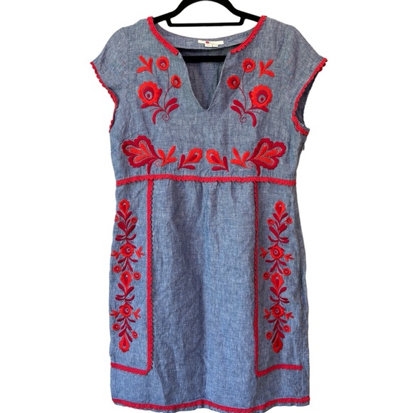 Boden Dresses & Skirts - Boden Bea Chambray Linen Floral Embroidered Shift Dress Women's Size 6R